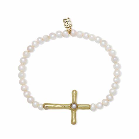 WP Poetic Cross Pearl Stretch Bracelet
