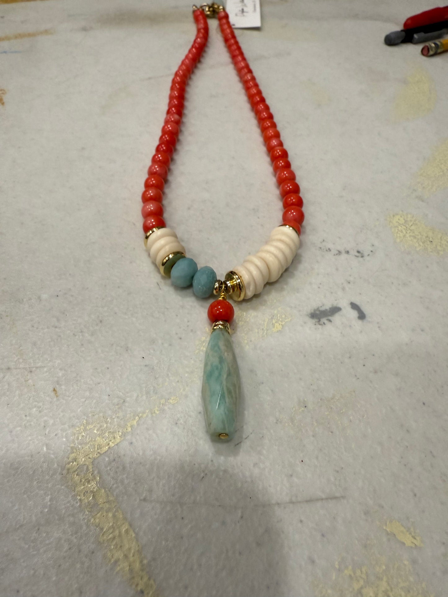 PW Necklace Coral Amazonite and Horn
