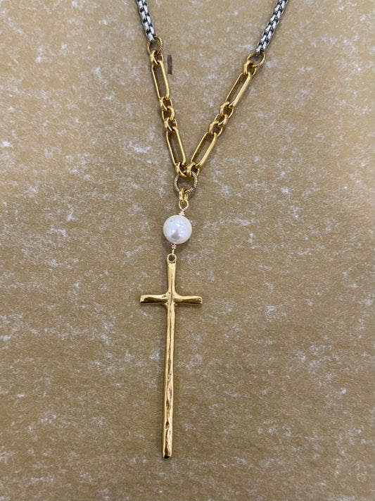 CL Shannon Pearl and Cross Necklace